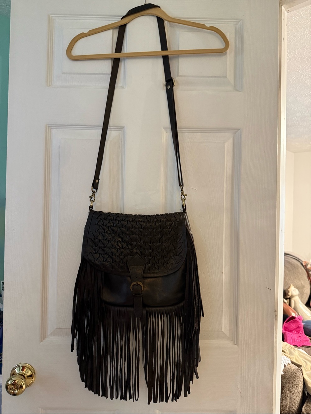 Raj Black Woven Fringe Crossbody Shoulder Bag